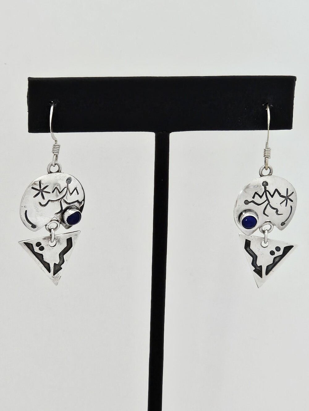 Artisan Sterling Silver Etched Aztec Geometric Lapis Cabochon Dangle Earrings